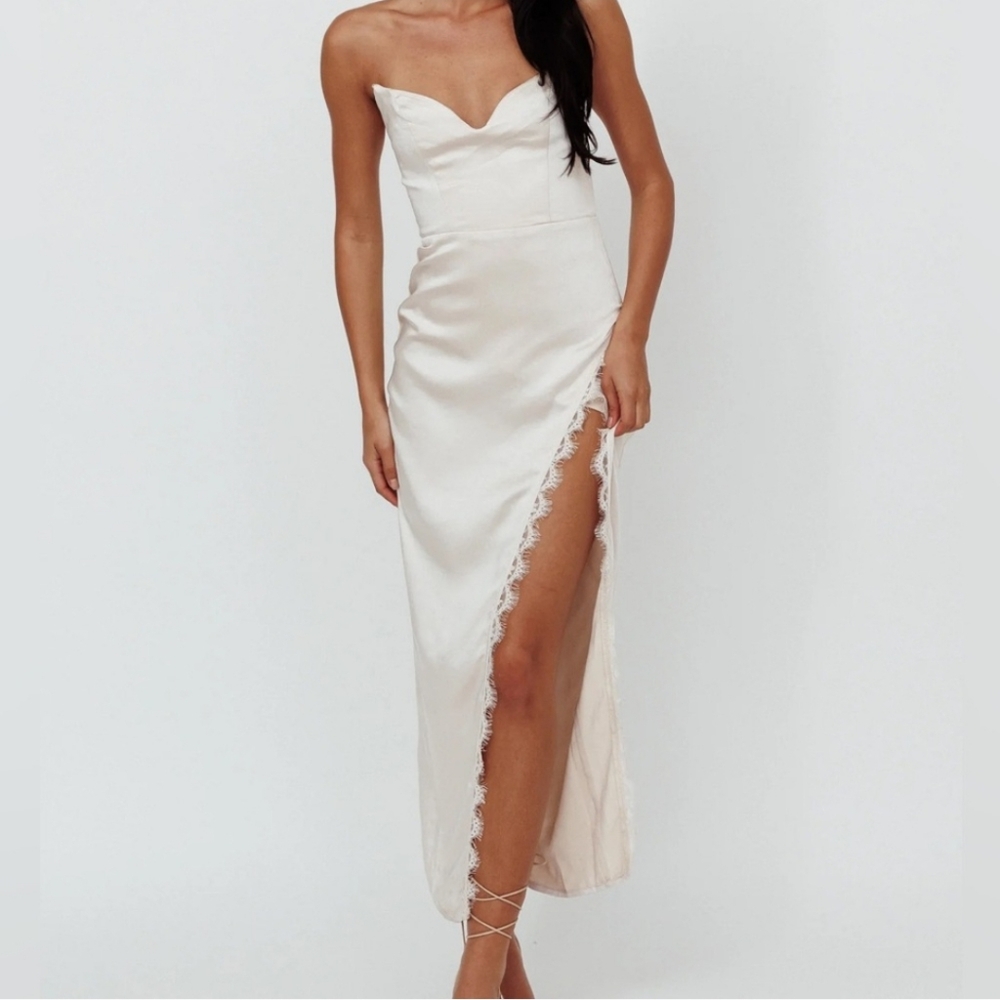 Saints & Secrets Winter Moon Champagne Satin Strapless Lace Trim Slit Midi Dress - Picture 3 of 14